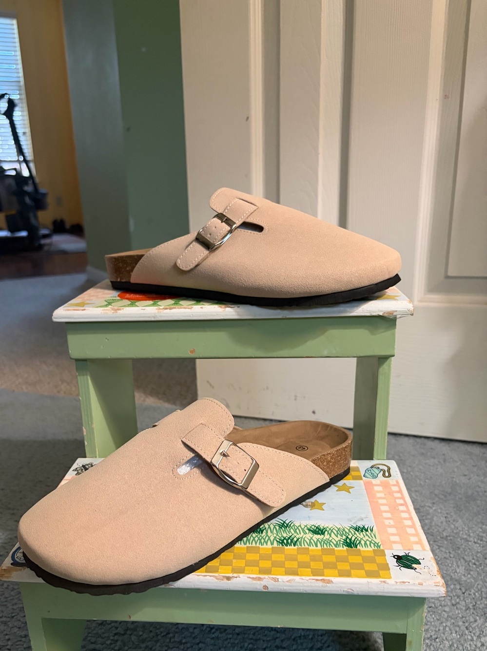 Beige Suede Buckle Clog Mules